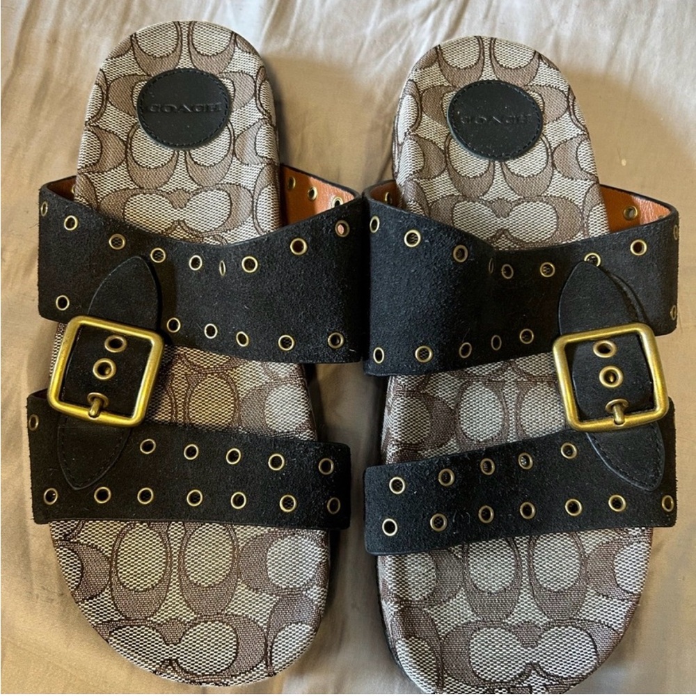 Coach Black and Gold Buckle Sandals